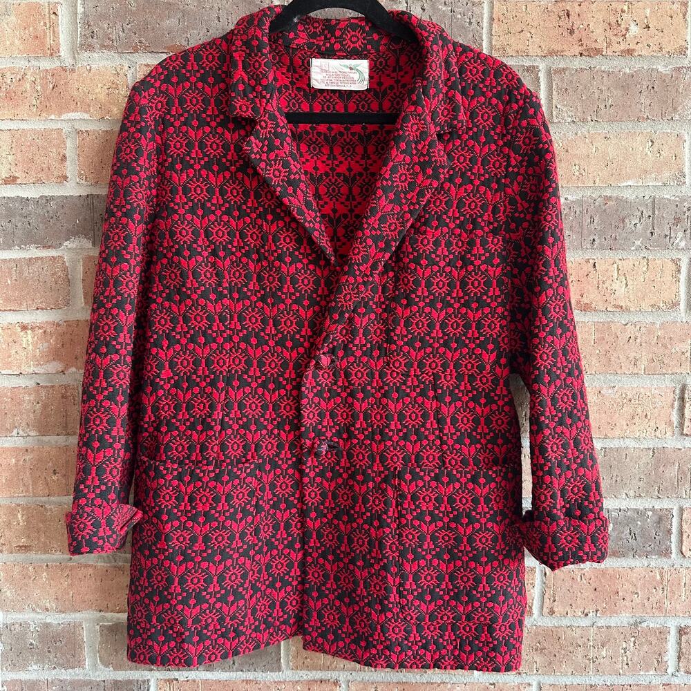 Women's Red and Black Wool Geometric Long Sleeve Two Button Jackets Size 18 /12